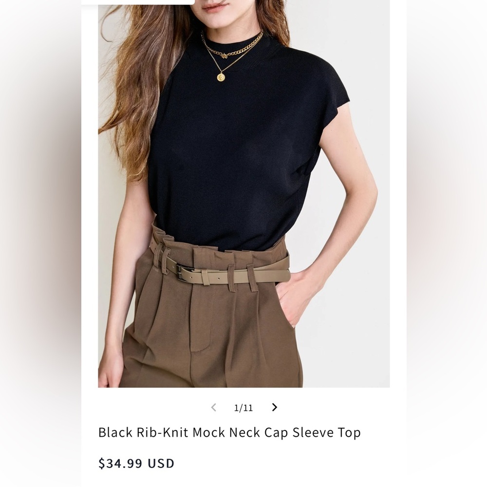 Black ribknit mock neck cap sleeve top